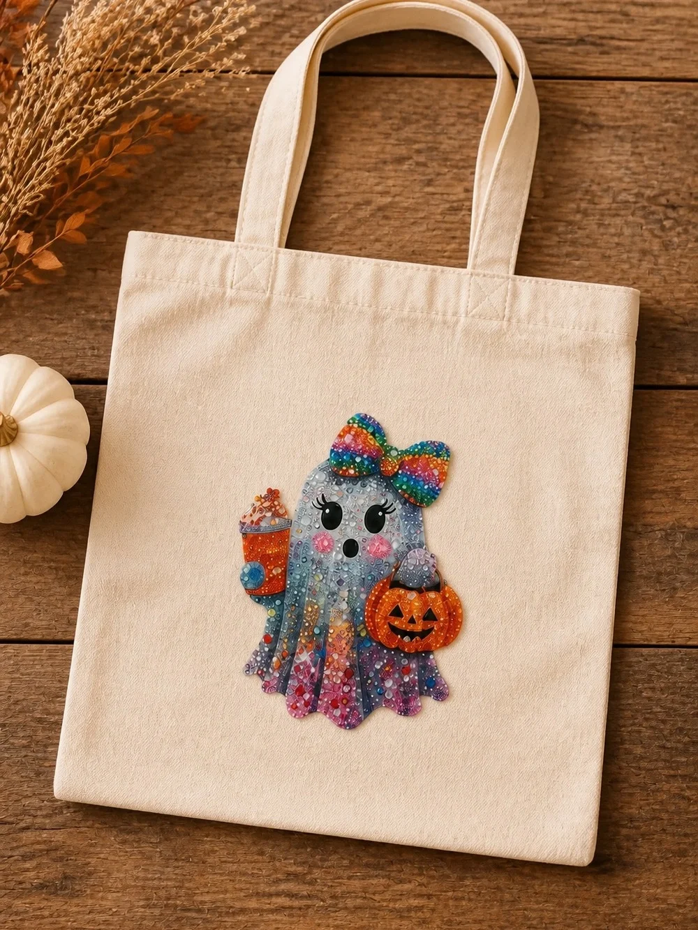 Sparkle Ghost w/ Cappuccino 100% Heavy Duty Cotton Cream Canvas Tote Bag